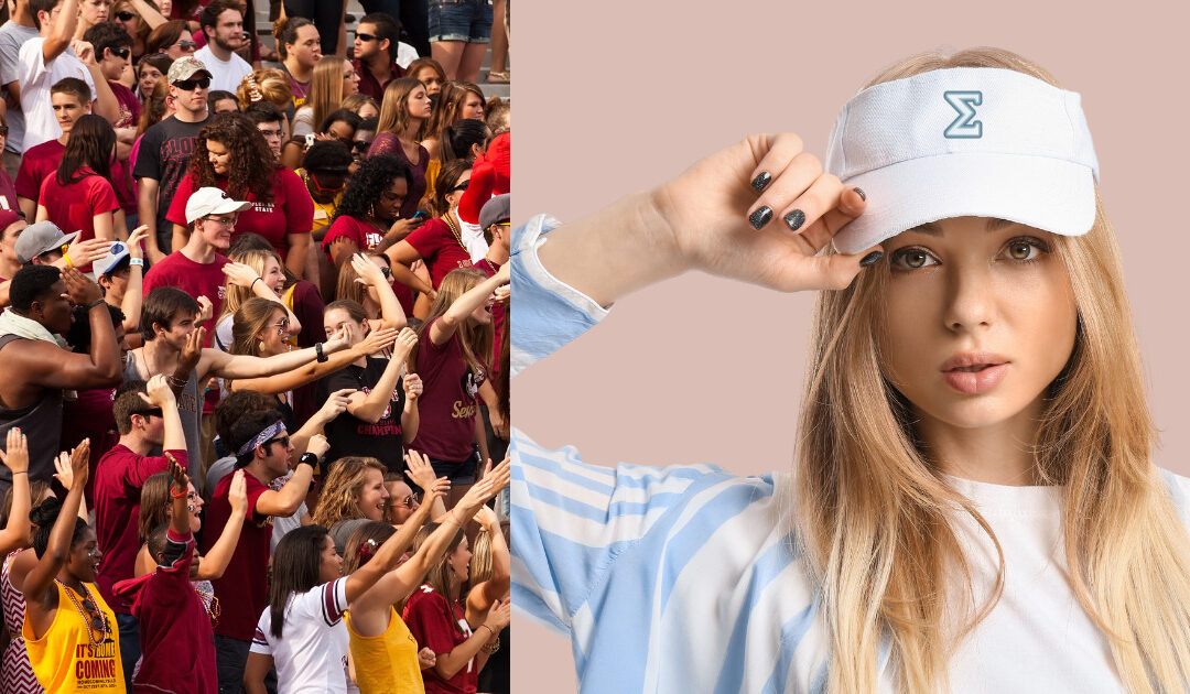 One side of the picture depicts the crowd at a sporting event wearing fall outfits. The other depicts a young woman wearing a visor with Greek lettering on it.