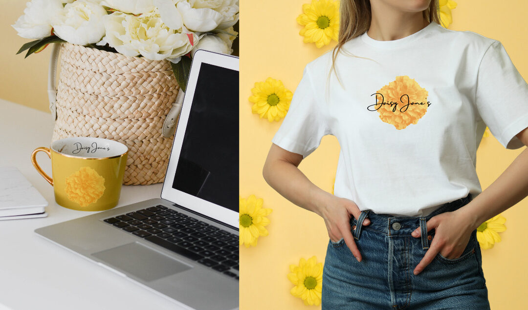 Brand color: yellow mug and t-shirt