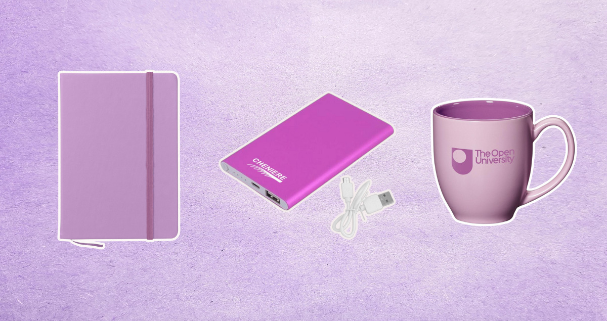 lavender background with purple notebook, mug and charger