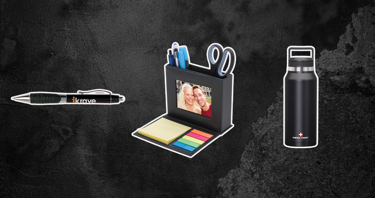 black background with a black pen, water bottle and office organizer